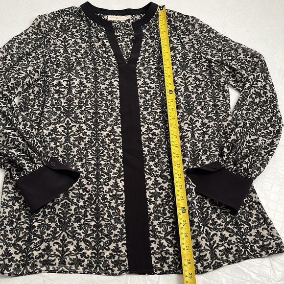 Tory Burch black solid trim printed silk semi-sheer split neck tunic 12 - Picture 7 of 13